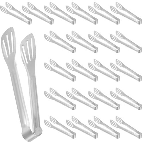 SINJEUN 30 PCS 7 Inch Stainless Steel Serving Tongs, Metal Kitchen Cooking Tongs, Small Food Buffet Tongs, Salad Tongs for BBQ, Cake, Noodles, Meat
