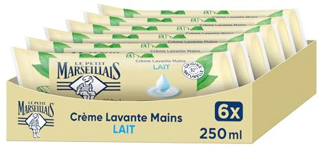 Le Petit Marseillais | Recharge Crème Lavante Mains Lait (lot de 6 berlingots de 250ml) – Recharge savon liquide avec 92% d'ingrédients d'origine naturelle – Savon mains au pH neutre pour la peau