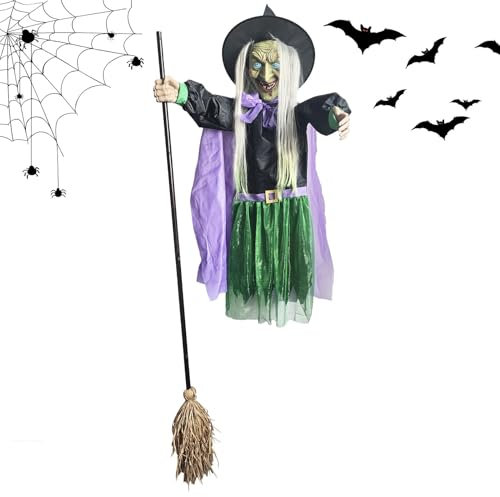 Ruwshuuk Decoración de Halloween de Bruja voladora en Escoba, Bruja Flotante,Bruja voladora de Halloween | Decoraciones al Aire Libre, Decoraciones de Halloween, Accesorios aterradores para jardín,