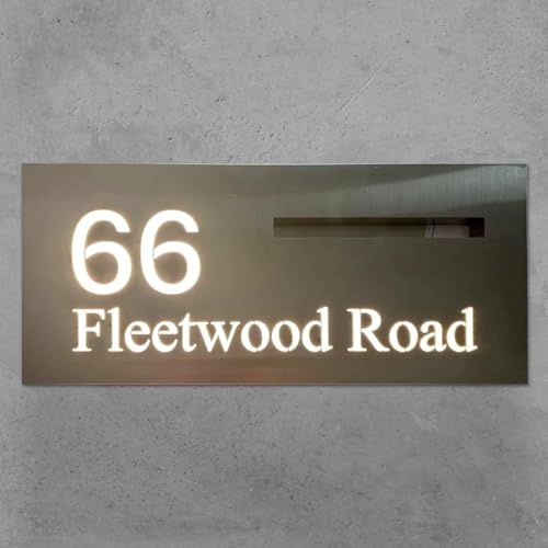 Custom LED Illuminated Letter Box Sign, Brushed Stainless Steel Custom Made Cover Lasercut Personalized Address Plaque Modern House Numbers Light Sign