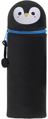 QRKPVHD Kawaii Federmäppchen mäppchen 2-in-1 - Weiche Silikontasche, Stand Up Federmäppchen, Tier Stifthalter Stifthalter Bleistifttasche Mädchen Junge (Schwarzer Pinguin)