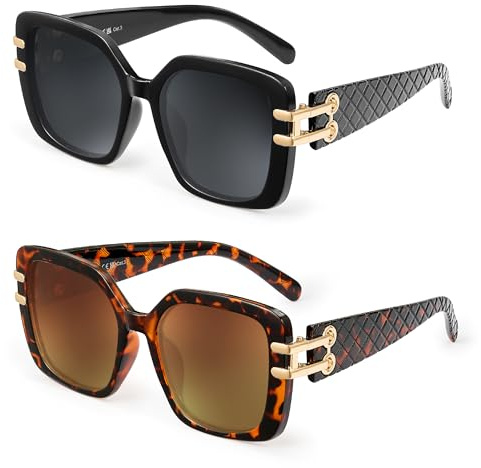 JM 2er Pack Vintage Oversized Square polarisierte Sonnenbrille für Frauen，Retro Luxus große Sonnenbrille UV400 (Schwarz&Tortoise)