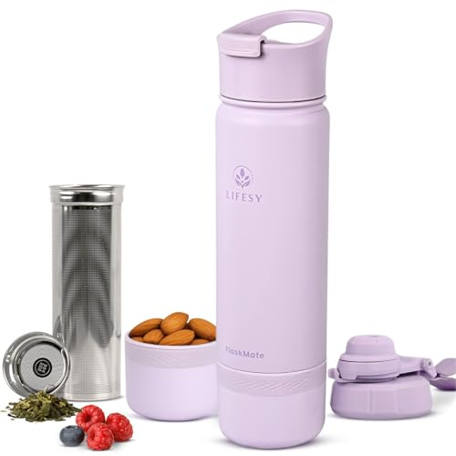 Tea Infuser Bottle & Cold Brew Travel Bottle – 18oz Insulated Flask with Storage, Filter & Dual Lids – For Work, Wellness & Gym – FLASKMATE All-in-One System (Mystic Lilac)