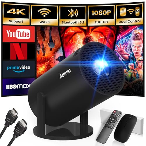 [App Intégrée] Mini Vidéoprojecteur 1080P 4K Supporte Mini Projecteur Portable, Dual Contrôle avec Souris Android TV WiFi 6 BT5.2 180° Rotation Compatible Con HDMI/TV Stick/USB/Laptop, Noir