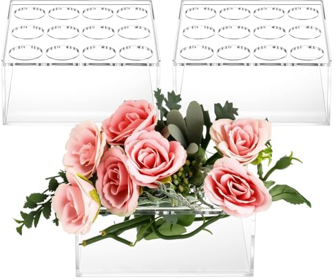 Tanlade 3 Pcs Square Acrylic Flower Vase Centerpiece for Dining Table Modern Acrylic Flower Box Decorative 12 Holes Clear Floral Low Vases for Home Wedding Birthday Party Decorations