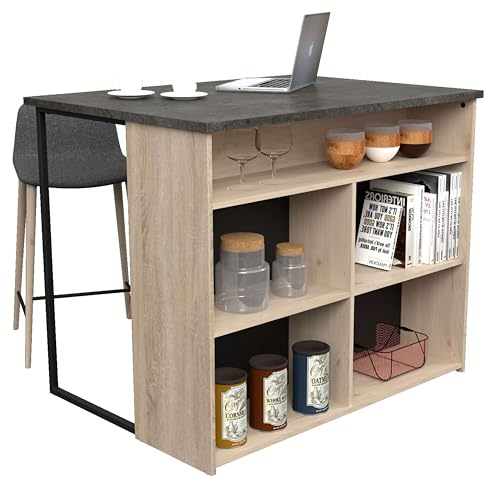 Miroytengo Isla de Cocina Arko Estilo Industrial en Color Roble Áspero y Negro con 5 Huecos de Almacenamiento 109x90x80 cm