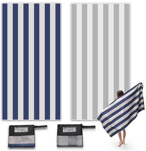 Anavasi 2 Pack Microfibre Beach Towels for Adults, 180 × 90 cm Quick Dry Beach Towel with Double Side Print, Lightweight Beach Towel with Net Bag, Sand Free Microfiber Towels (Stripe Blue and Grey)