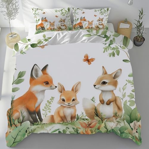 Lwznbio Renard Lapin Housse de Couette 240x260 cm Été Doux Animaux Sauvages Parure de Lit Adulte avec Zippée, Linge de Lit Microfibre Respirant + 2 Taie d'oreiller 65x65 cm