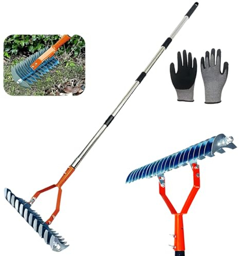 Nurtureup Râteau de jardin à long manche avec gants, râteau double face en acier inoxydable et nivellement – Tête de 36,1 cm de large, poignée réglable de 170,2 cm, râteau robuste pour pelouse/sol