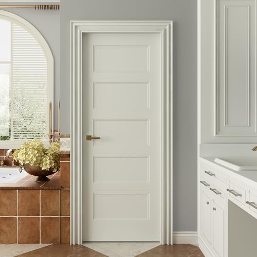 JUBEST 28x80 5-Panel Shaker Style White Primed Hollow Core Interior Molded Door Slab, NOT Pre-drilled and NOT Included Hardware, Pre-Assembled Interior Door for Pantry, Laundry, Closet