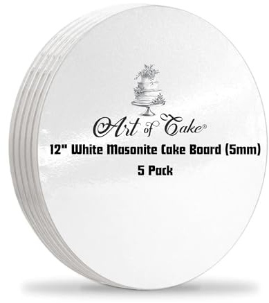 Art of Cake® Masonite Cake Board, Strong Round Cake Board, Cake Drum, 5mm Thick, Pack of 5, White, 12, MDF Material, Grease-Resistant