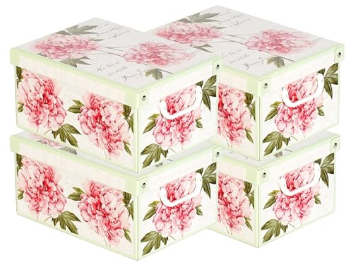 Set aus 4 Aufbewahrungsboxen mit Deckel – Große Kleiderboxen aus Karton 25x35x17,5 cm – Robust, leicht zu montieren, mit Tragegriffen – Perfekt für Kleiderschrank & Saisonwechsel Pfingstrosen