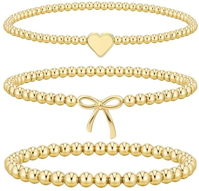 Turandoss 3 Stück Armband Damen Gold,Elastisch Gold Perlenarmband Stack Set | 14K Vergoldet Beads/Schleife/Herz Armband Damen, Elastisches Verstellbare, Geburtstag Geschenke Schmuck für Frauen Mädchen