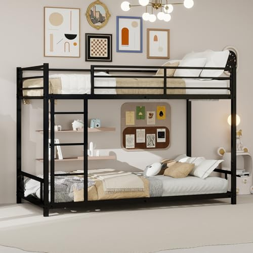 YEHTOKHOME Lit Superposé 2 Places 90x190 en Métal, Profil Bas 136 cm, Échelle Intégrée, Barrières Sécurité, pour Adolescents, Sommiers Inclus(sans Matelas)(E-Noir)