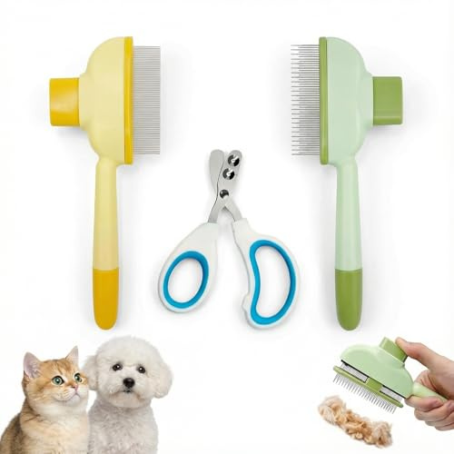 parallelower 3-teiliges Set Fellblitz Bürste Katze(Mit Krallenschere Katzen),Selbstreinigende Katzenkamm Tiefenreinigung mit Auslöseknopf Katzenbürste,Pfotenmond Bürste,für Lang Und Kurzhaarpflege Hau