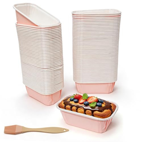 HavaCue 100 Pcs Mini Loaf Cake Cases Paper 8 * 4.2 * 4cm, Pink Greaseproof | Mini Loaf Cases for Baking,Rectangular Paper Cake Pans for Baking Bread Cake Dessert Wedding Birthday Party Holiday Christmas