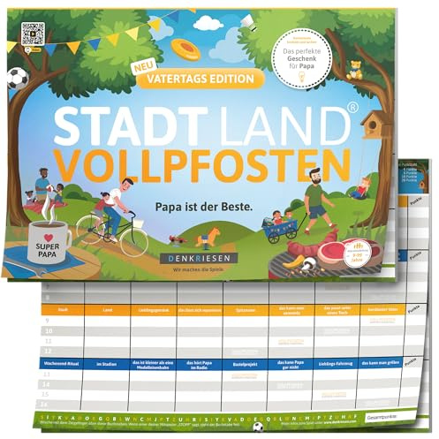 Stadt Land Vollpfosten® Vatertags Edition | Vatertagsgeschenk für Papa | Lustiges Stadt Land Fluss Spiel | DIN A4 Spielblock | Familienspiel ab 9 Jahren | Lustiges Papa Geschenk | Vatertagsspiel