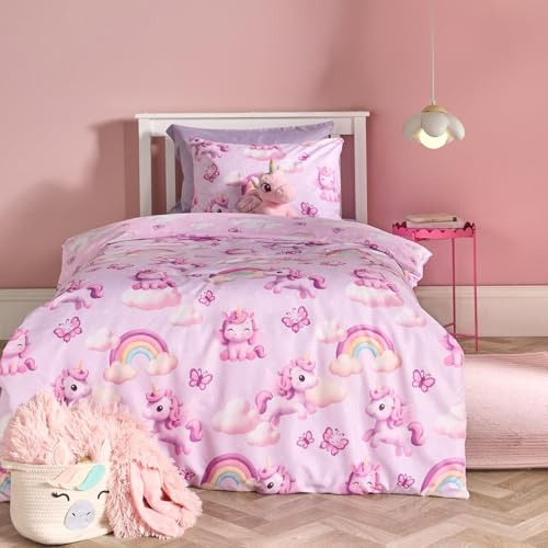 OHS Unicorn Fun Cot Bed Duvet Cover Set, Gifts for Girls Super Soft Cosy Warm Microfibre Polyester Toddler Bedding Playful Cot Duvet Cover Comfy Toddler Bedding Set with Pillowcase, Lilac