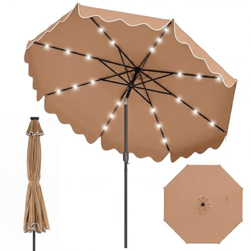RELAX4LIFE Parasol Inclinable 3M avec LED Solaire | Parasol de Jardin Extéieur LED 3M | Inclinaison 35° | Volants Ondulés | Polyester Résistant | Montage Rapide | pour Balcon Terrasse (Marron)