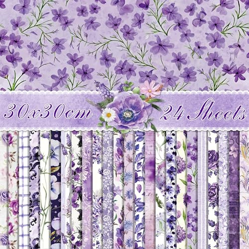 24 Blatt Scrapbook Papier Lila Blumen Motiv – 12 Designs Doppelseitiges Bastelpapier für Scrapbooking, DIY & Kartenherstellung – Romantisches Designpapier 30x30 cm