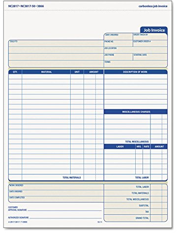 TOPS Job Invoice with Materials List, 3-Part, Carbonless, 8.5 x 11 Inches, 50 Sets per Pack (3866)