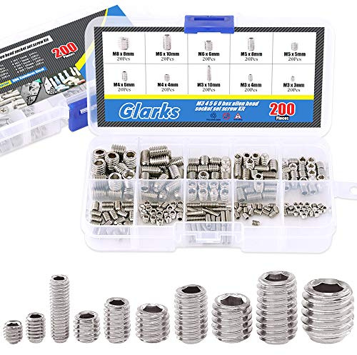 Glarks Juego de 200 tornillos de cabeza Allen hexagonal M3 4 5 6 8 (acero inoxidable 304)