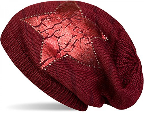 styleBREAKER Damen Strick Beanie Mütze mit Vintage Stern Print und Strass Rand, Strickmütze mit Streifen Muster 04024083, Farbe:Bordeaux-Rot/Rot