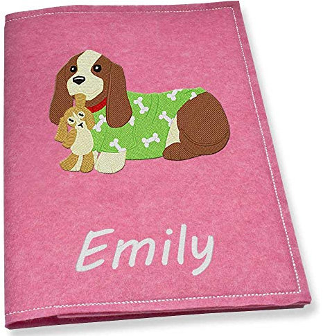 ★ Filz U-Heft-Hülle ★ bestickt mit Name + Datum und Motiv ★ Cocker Spaniel ★ Untersuchungshefthülle ★ Filzfarben maigrün hellgrau dunkelgrau pink hellblau schwarz türkis hellblau ★ (pink)
