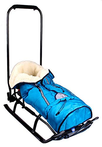 3in1 Kinder Schlitten mit Rückenlehne, Fußsack, Schiebegriff und Gurt aus Aluminium (Blue&Graphite)