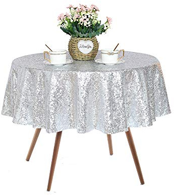 JYFLZQ Silver Round Sequin Tablecloth 50 Small Sparkly Silver Metallic Table Cloths Table Cover Overlay for Wedding Birthday Party Baby Bridal Shower(Suitable for Tables Under 36 inches)