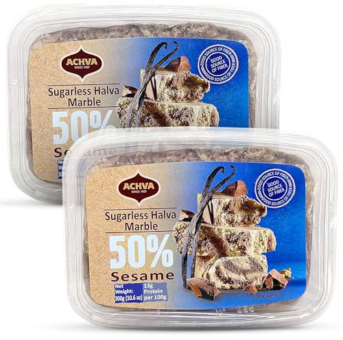 Achva Halva Tahini Tubs - Marble Flavour Tubs with 50% Sesame - Pack of 2 (300G each) - Plant-Based Sugar-Free Snack with 13G Protein - Sugar Free Halva Sesame - Kosher Certified Healthy Snacks