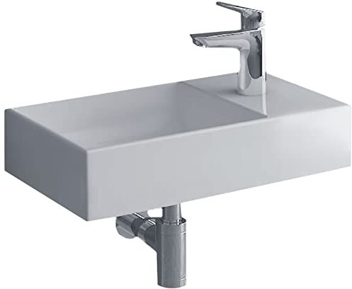 Alpenberger Mini Waschbecken Eckig | Badwaschbecken aus Sanitärkeramik mit Links Becken | Gästeklo Waschbecken zur Wandmontage | Badezimmer Waschtisch Rechteckig in Weiß mit Ablagefläche Rechts