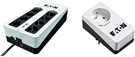 Onduleur Eaton 3S 700 DIN - Off-Line UPS - 3S700D - 700VA (8 Prises DIN) & Multiprise/Parafoudre - Eaton Protection Box 1 FR - PB1F - 1 Prise FR - Blanc & Noir