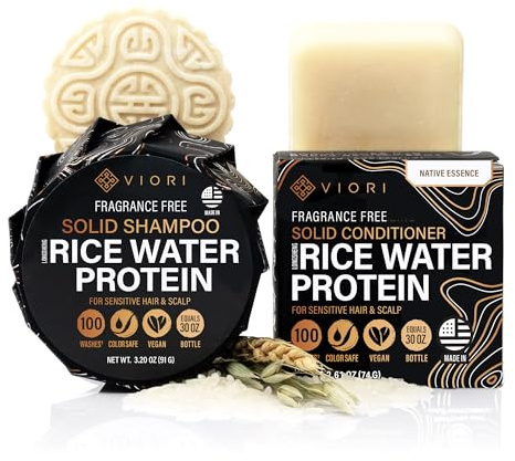 Viori Native Essence Shampoo and Conditioner Bar Set Made with Rice Water - Handcrafted Sulfate Free Shampoo and Conditioner