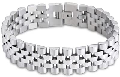 Skcess Lederarmband Männer Silber，Armreifen Einfache Uhrenkette Rostfreier Stahl Lederarmband Herren 205X15.5Mm