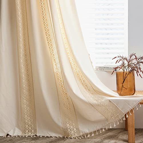 Deeprove Boho Curtains 63 Inches Length for Bedroom, Beige Hollow Crochet Polka Dots Stripes and Cream Cotton Linen Fabric Patchwork, Bohemian Tassel Semi-Blackout Window Drape 1 Panel, W59 x L63