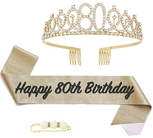 POPOYU 80 Ans Couronne Écharpe Diadème Femme, Cristal Tiara Kit pour Fille, Décoration de Fête, Anniversaire Cadeau (Or)
