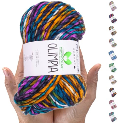 MeriWoolArt Hilo de Lana Merino, 100 m Multicolor Grueso y Suave para Tejer Suéteres y Cárdigans, Hilo XXL Gigante para Tejer a Mano, Lana Voluminosa para Bufandas, Chales y Regalos de Invierno