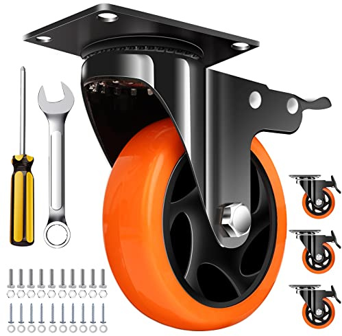 4 Inch Orange Trolley Casters Wheels with Brake,Set of 4 Heavy Duty Swivel | Double Bearing, Castor, Smooth, Silent Industry, Floor-Friendly, Steel&Polyurethane, Dual Locking, Workbenches/Carts
