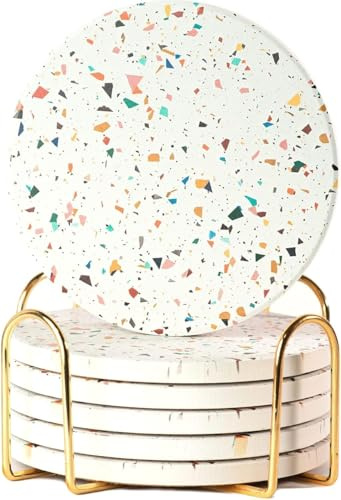 Terrazzo Getränkeuntersetzer mit Halter 6er Set, Keramik Untersetzer für Getränke, Couchtisch Dekor, Wasserabsorbierender Steinuntersetzer für Getränke (Konfetti)