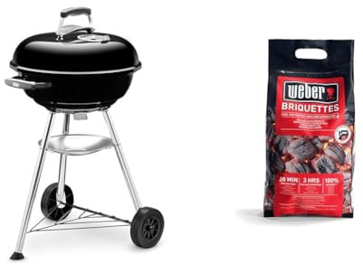 Weber Compact Kettle Charcoal Grill Barbecue, 47cm | BBQ Grill with Lid Cover, Stand & Wheels & Barbeque Briquettes | 4 kg Bag | BBQ Coal for Weber Grills | Coal BBQ Fuel | Premium Quality
