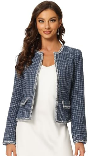 Allegra K Giacca da donna in tweed a quadri, blazer da lavoro e ufficio, a maniche lunghe, con apertura sul davanti, giacca corta, Blu scuro, S