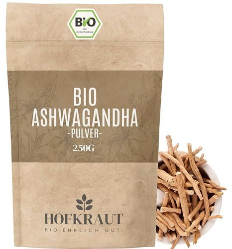 HOFKRAUT Bio Ashwagandha Pulver 250g | Hochwertiges Pulver aus bio-zertifizierten Ashwagandha-Wurzeln | Rückstandskontrolliert | Ideal zur Zusatz für Saft, Smoothies und Goldene Milch
