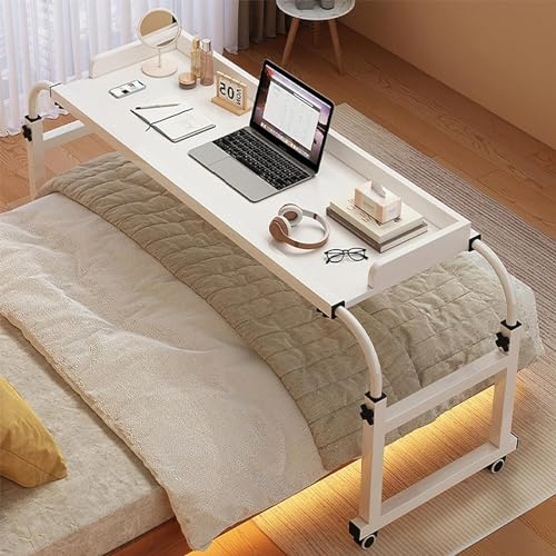 RCJCQSR Betttisch, Mobilitätstisch über Dem Bett, Laptoptisch Höhenverstellbar 65-95cm Mit Rollen, Betttisch Beistelltisch Pflegetisch Auf Rollen Computertische(Color:Weiß)