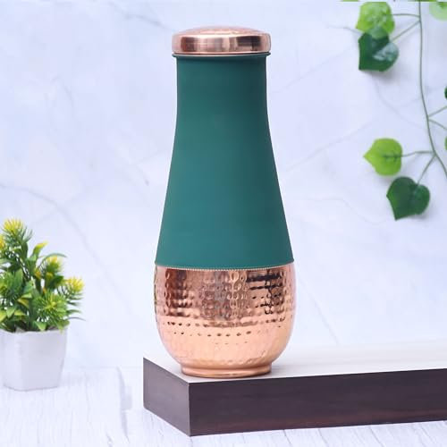 Pure Copper Silk Green Tulip Jar with Inbuilt Glass Capacity 1400ml Green Copper 4.5 x 4.5 x 10.5 Inches