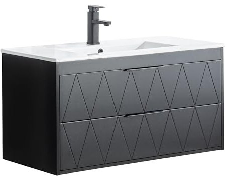 UEV Mobile Bagno Sospeso con Lavabo in Ceramica, 90CM Lavandino Bagno con 2 Cassetti, Lavandino Bagno con Mobiletto Moderno, Soft-Close, Nero