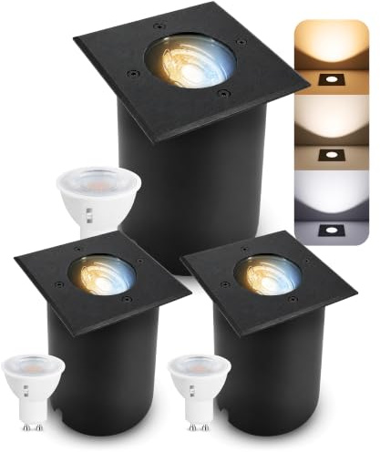 SSC-LUXon JUAVI Bodeneinbauleuchte 3er Set eckig IP67 GU10 5W 3 Lichtfarben | Drei befahrbare Bodenstrahler bis 2000kg - schwenkbar, warmweiß bis tageslicht, direkt an 230V, für Garten, inkl. LED