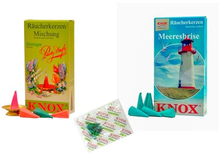 KNOX Räucherkerzen - 2er Set Blumen am Meer - Düfte: blumig, Meeresbrise - Menge: 48 Inclusive 3 Räucherkerzen als Proben vom Duft Meeresbriese - Made in Germany
