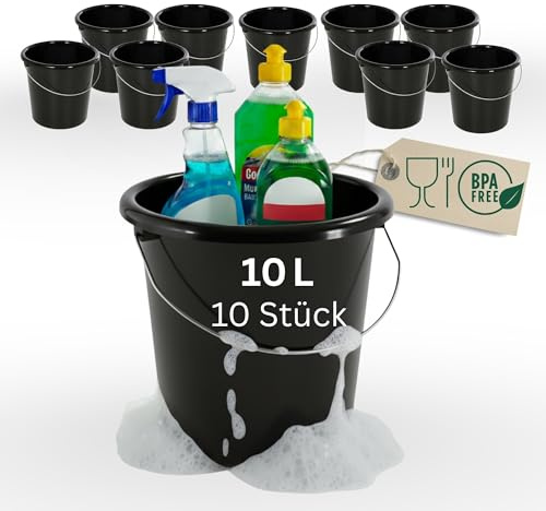 Novaliv 10 Stück Eimer 10L Schwarz mit Maßeinteilung - Putzeimer 10 Liter ? 28,5 cm Praktischer Allrounder mit Skala für Haushalt & Garten ideal als Haushaltseimer, Wassereimer, Wischeimer, Bucket