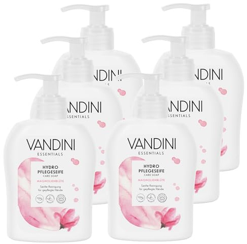 VANDINI 6x Hydro Flüssigseife Spender mit Magnolienblüte Duft 300ml | Made in Germany Spender Seife vegan - Handseife flüssig reinigt sanft - Handwaschseife für gepflegte Hände - Hand soap